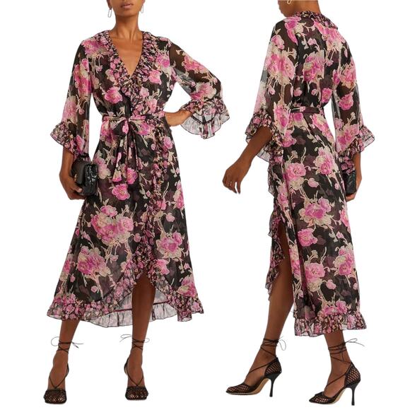 MISA Los Angelos Naia Floral Print Chiffon Wrap Midi Dress Size XS - Picture 1 of 14